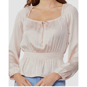 Paige Odalynn Satin Smocked Long Sleeve Blouse Medium Cream Tan Silky Revolve